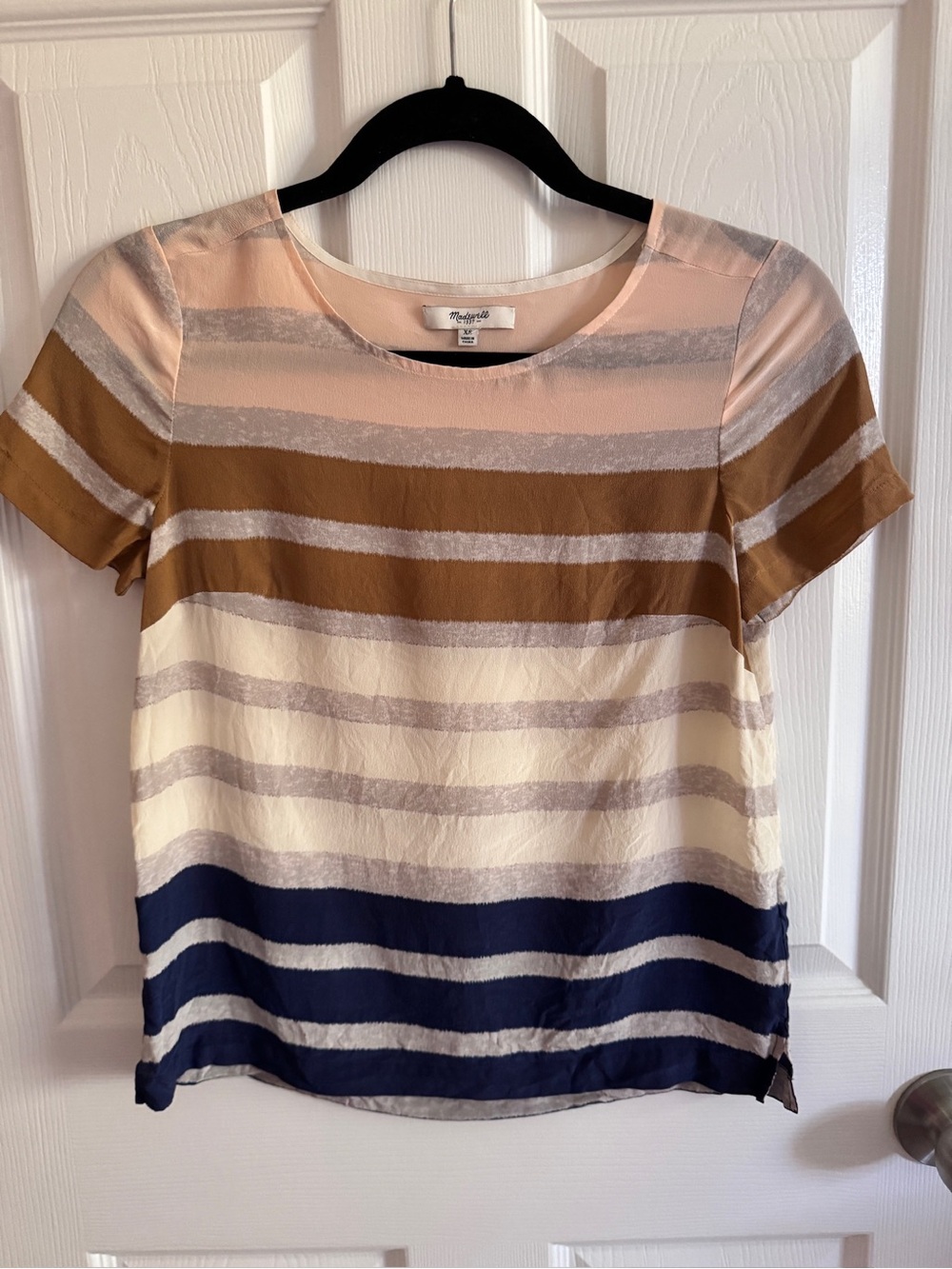 Madewell Hazestripe Striped Short-Sleeve Top in Navy, Cream & Camel- 100% Silk